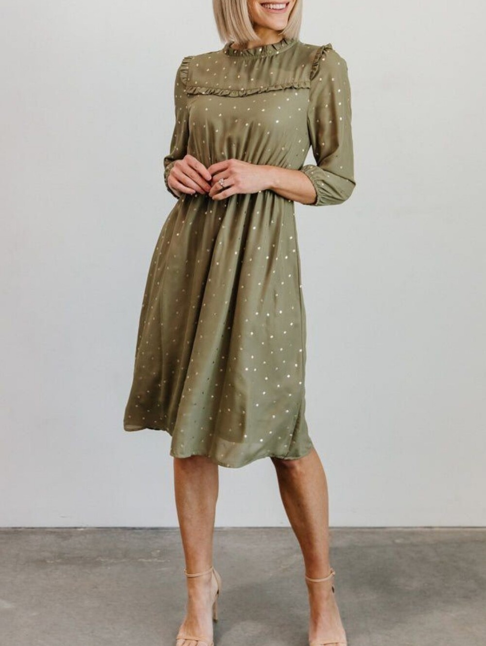 Baltic Born Olive Green Nixon Pintuck Ruffle Polka Dot Midi Dress Size XL